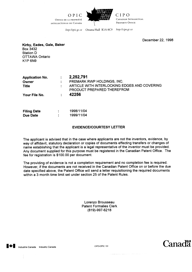 Document de brevet canadien 2252791. Correspondance 19981222. Image 1 de 1