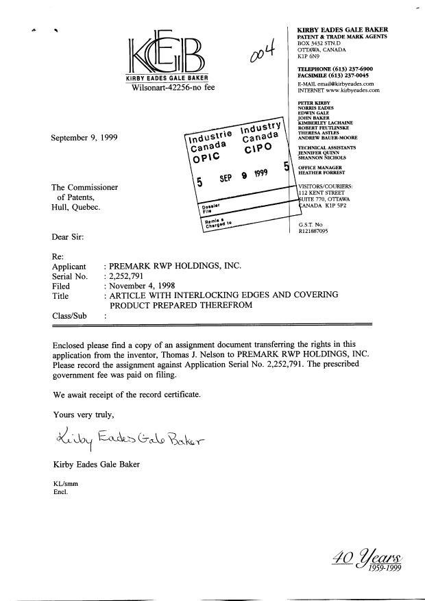 Canadian Patent Document 2252791. Assignment 19990909. Image 1 of 3