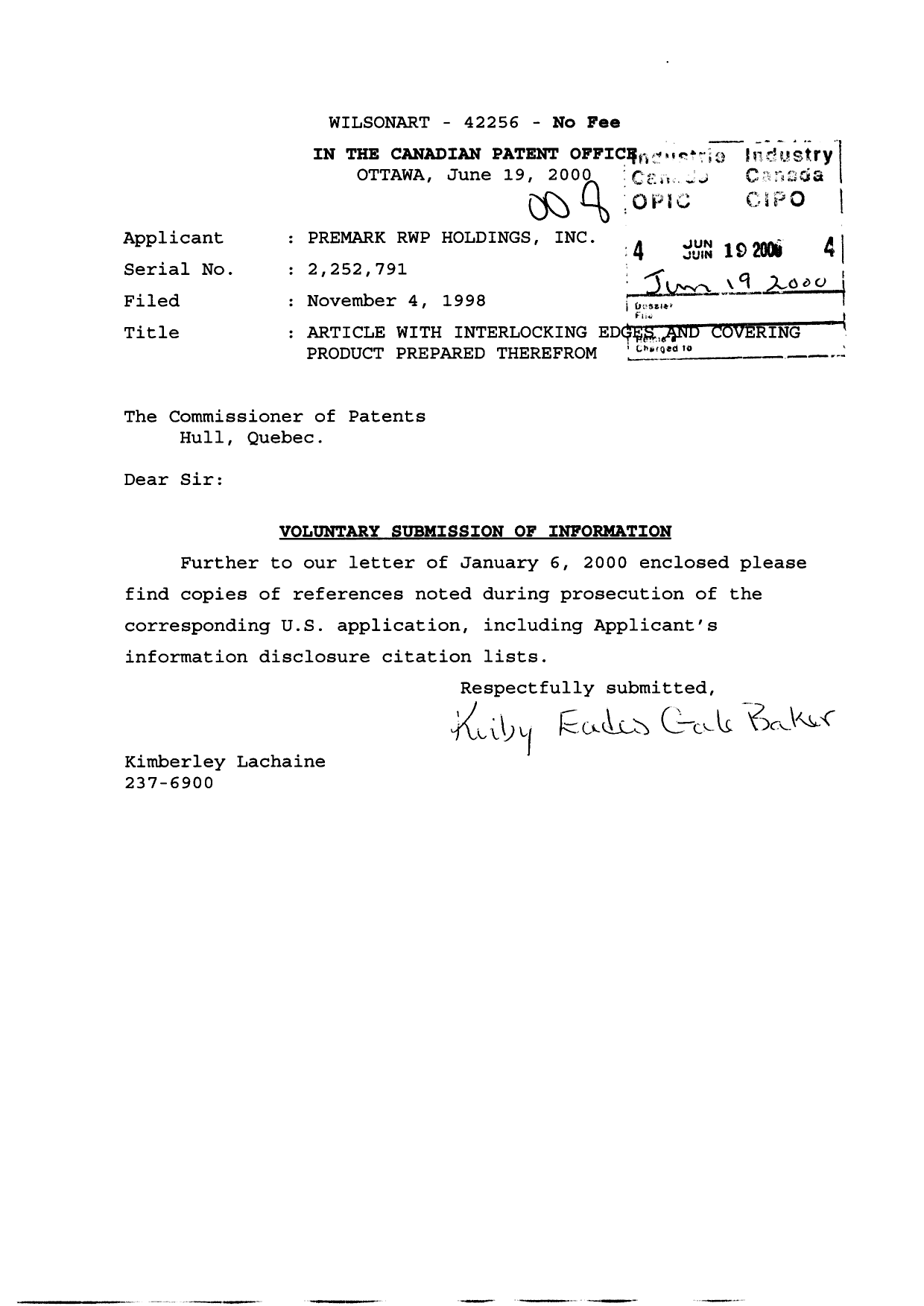 Canadian Patent Document 2252791. Prosecution-Amendment 20000619. Image 1 of 12