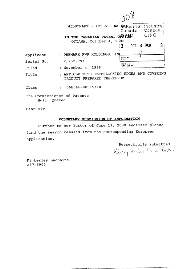Canadian Patent Document 2252791. Prosecution-Amendment 20001004. Image 1 of 2