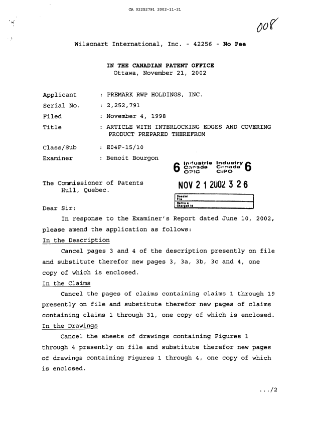 Canadian Patent Document 2252791. Prosecution-Amendment 20021121. Image 1 of 17