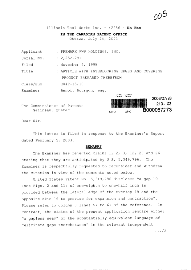 Canadian Patent Document 2252791. Prosecution-Amendment 20030728. Image 1 of 2