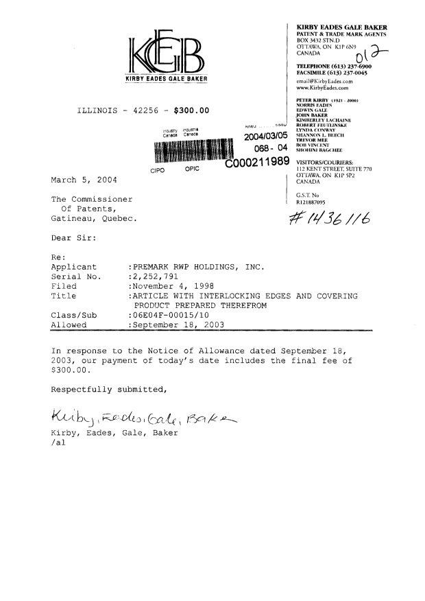 Document de brevet canadien 2252791. Correspondance 20040305. Image 1 de 1