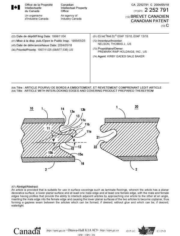 Document de brevet canadien 2252791. Page couverture 20040414. Image 1 de 1