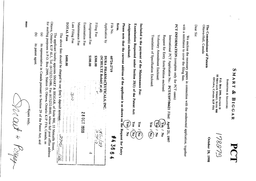 Document de brevet canadien 2252814. Cession 19981028. Image 1 de 13