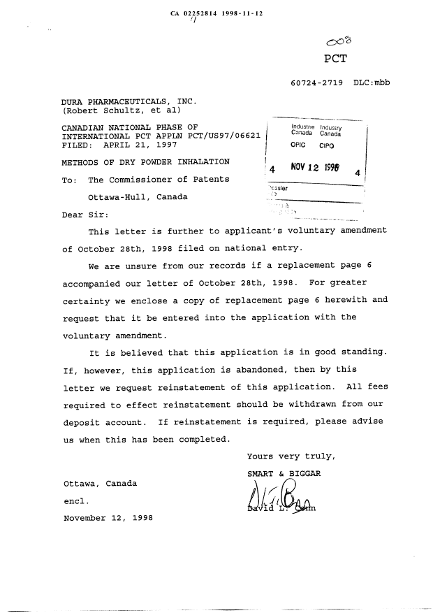 Canadian Patent Document 2252814. Prosecution-Amendment 19981112. Image 1 of 2