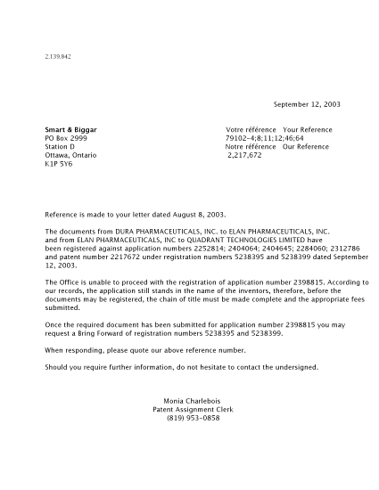 Document de brevet canadien 2252814. Correspondance 20030912. Image 1 de 1