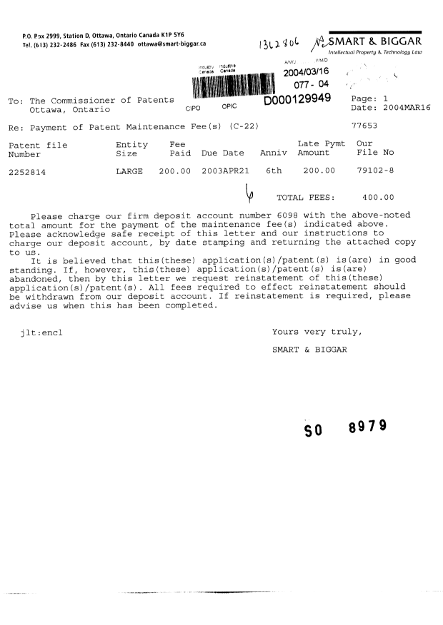 Document de brevet canadien 2252814. Taxes 20040316. Image 1 de 2