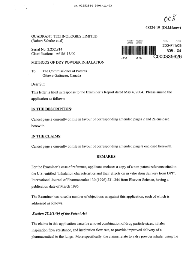 Canadian Patent Document 2252814. Prosecution-Amendment 20041103. Image 1 of 8