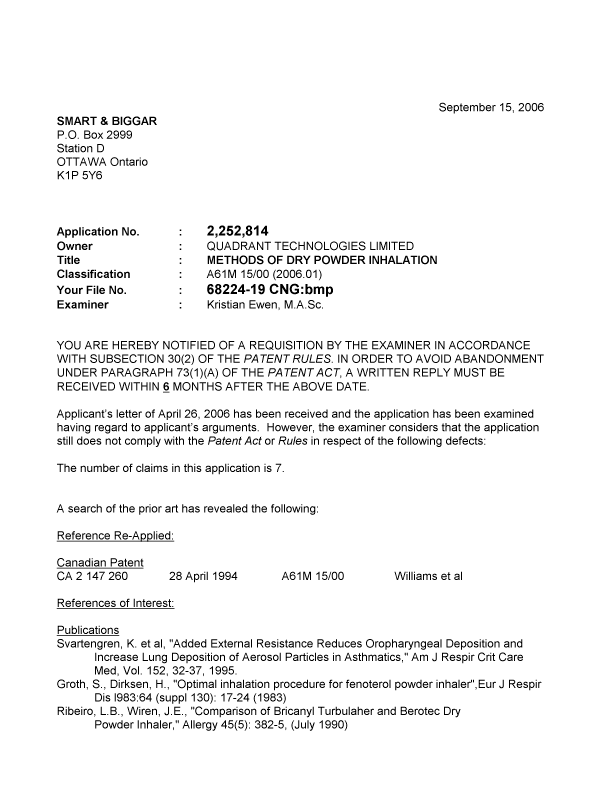 Canadian Patent Document 2252814. Prosecution-Amendment 20060915. Image 1 of 2