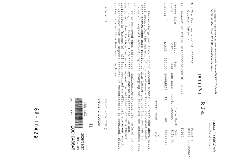 Document de brevet canadien 2252814. Taxes 20080327. Image 1 de 1
