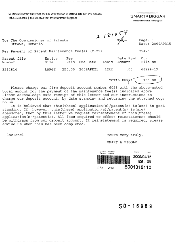 Document de brevet canadien 2252814. Taxes 20090415. Image 1 de 1