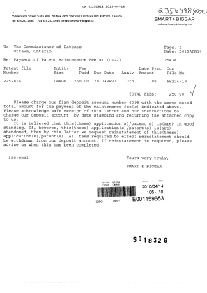 Document de brevet canadien 2252814. Taxes 20100414. Image 1 de 1
