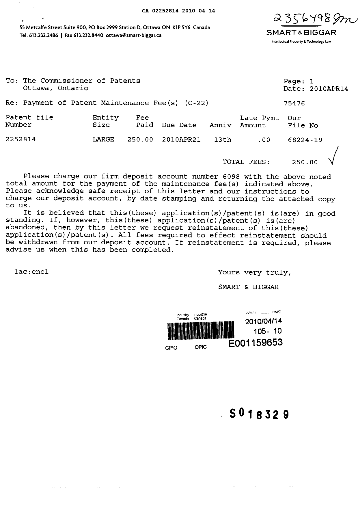 Document de brevet canadien 2252814. Taxes 20100414. Image 1 de 1