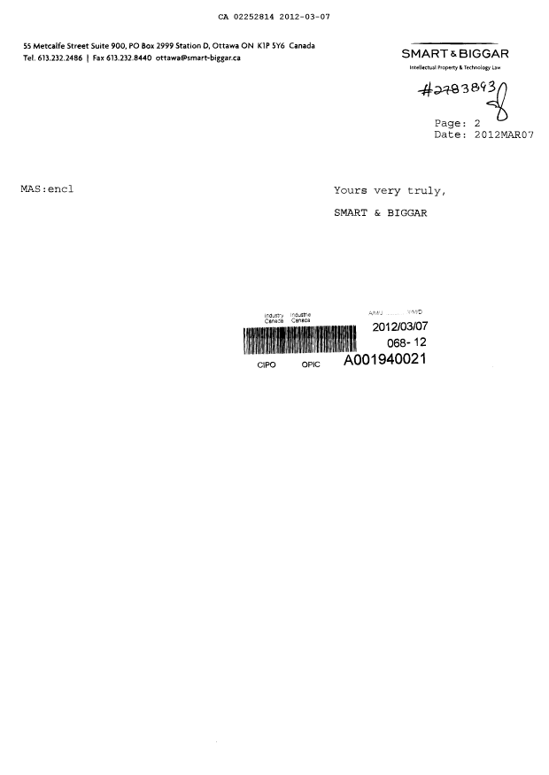 Document de brevet canadien 2252814. Taxes 20120307. Image 2 de 3