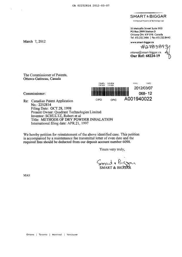Document de brevet canadien 2252814. Taxes 20120307. Image 3 de 3