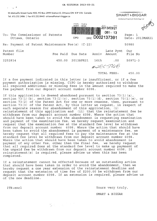 Document de brevet canadien 2252814. Taxes 20130321. Image 1 de 1