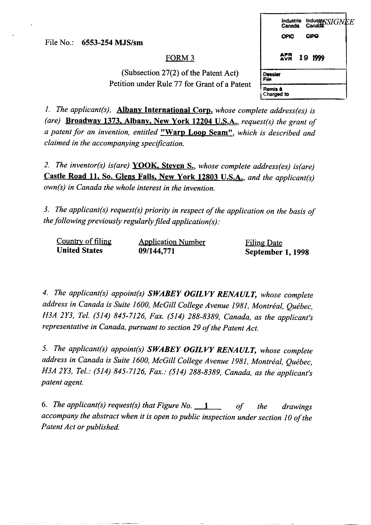 Canadian Patent Document 2253048. Assignment 19990419. Image 2 of 5