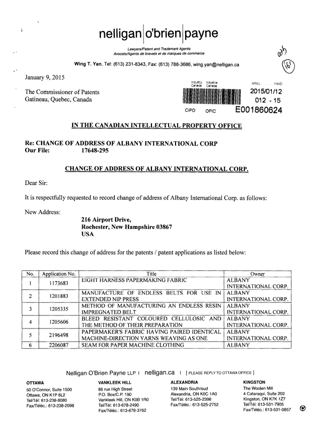 Document de brevet canadien 2253048. Cession 20150112. Image 1 de 8