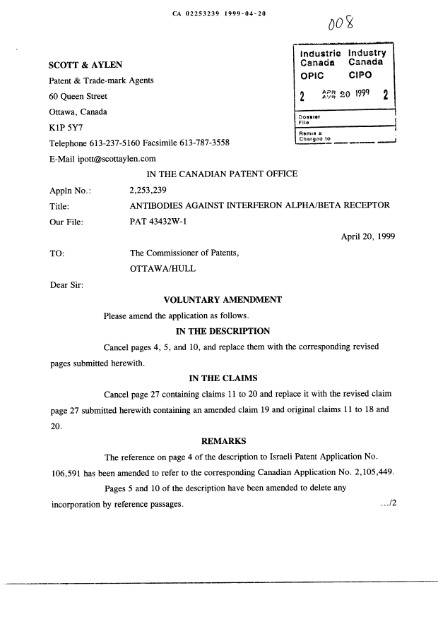 Document de brevet canadien 2253239. Poursuite-Amendment 19990420. Image 1 de 6