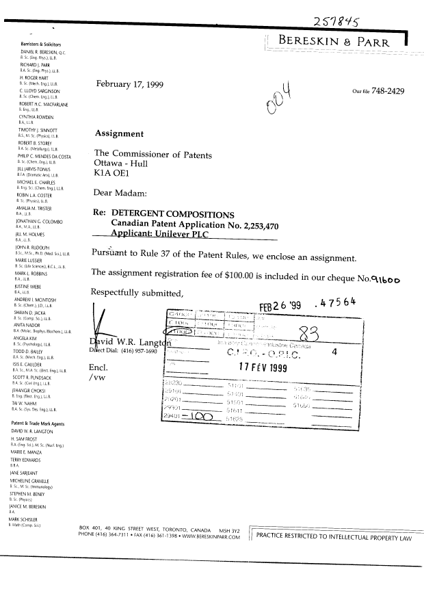 Document de brevet canadien 2253470. Cession 19990217. Image 1 de 2