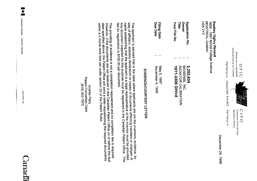 Document de brevet canadien 2253634. Correspondance 19981229. Image 1 de 1