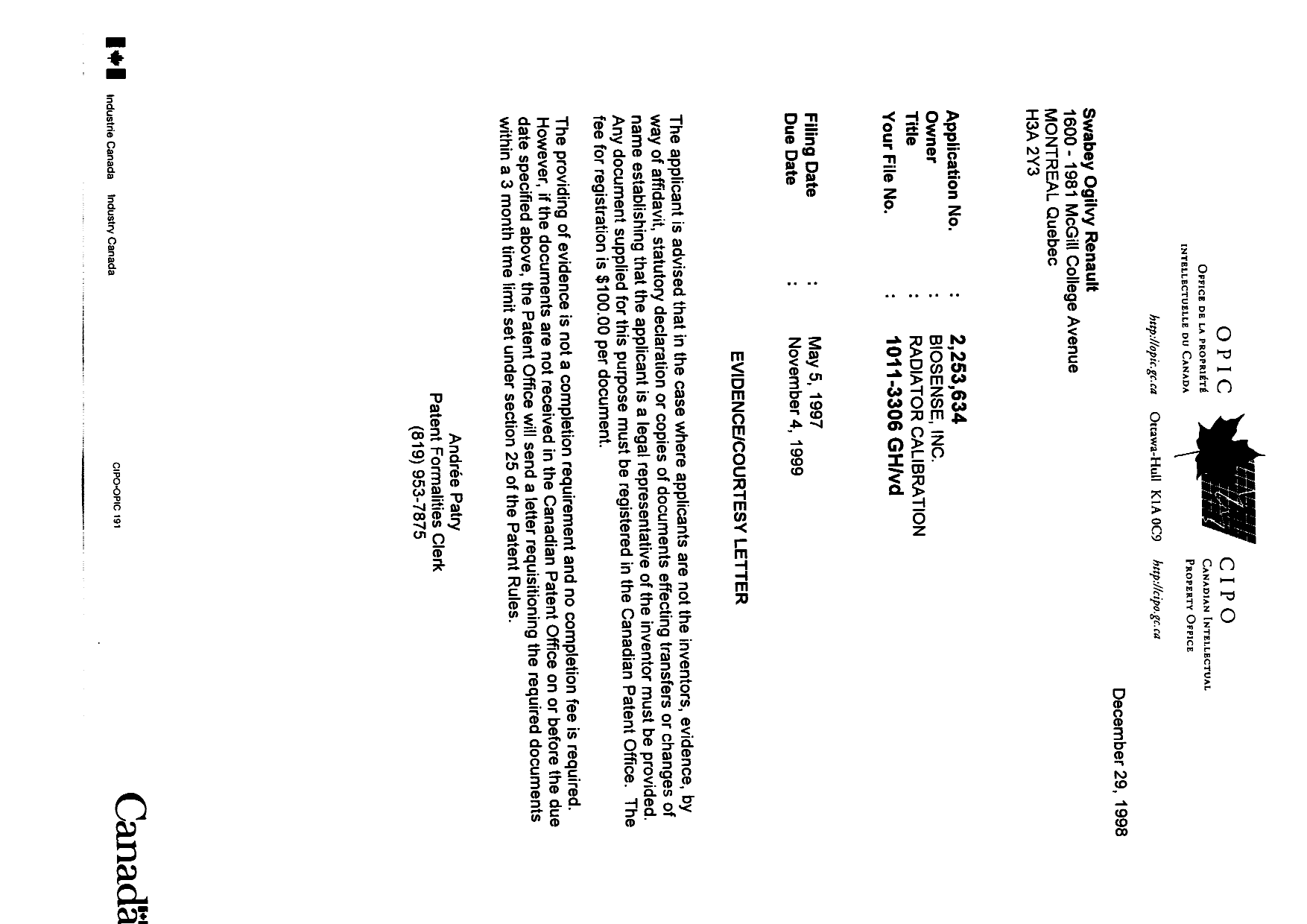 Canadian Patent Document 2253634. Correspondence 19981229. Image 1 of 1