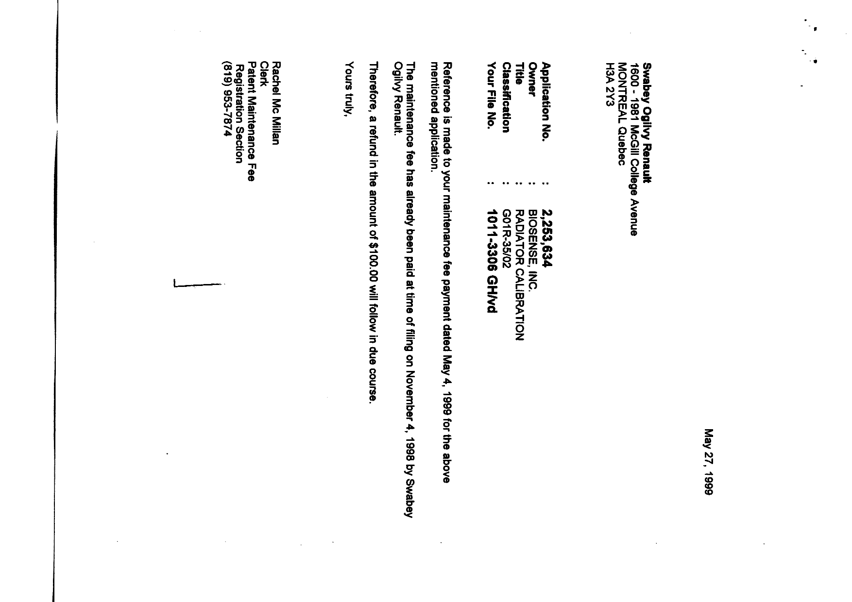 Document de brevet canadien 2253634. Correspondance 19990527. Image 1 de 1
