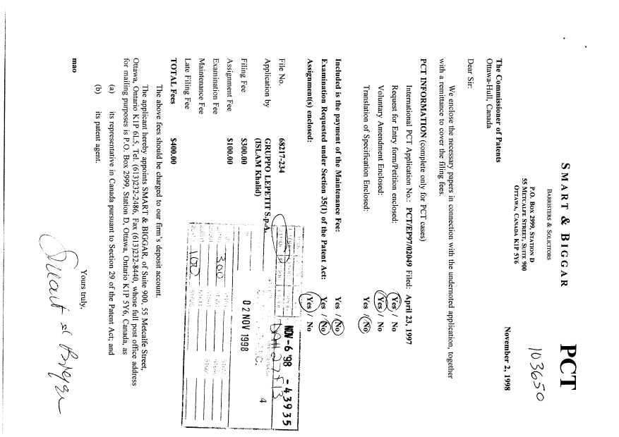 Document de brevet canadien 2253635. Cession 19981102. Image 1 de 3