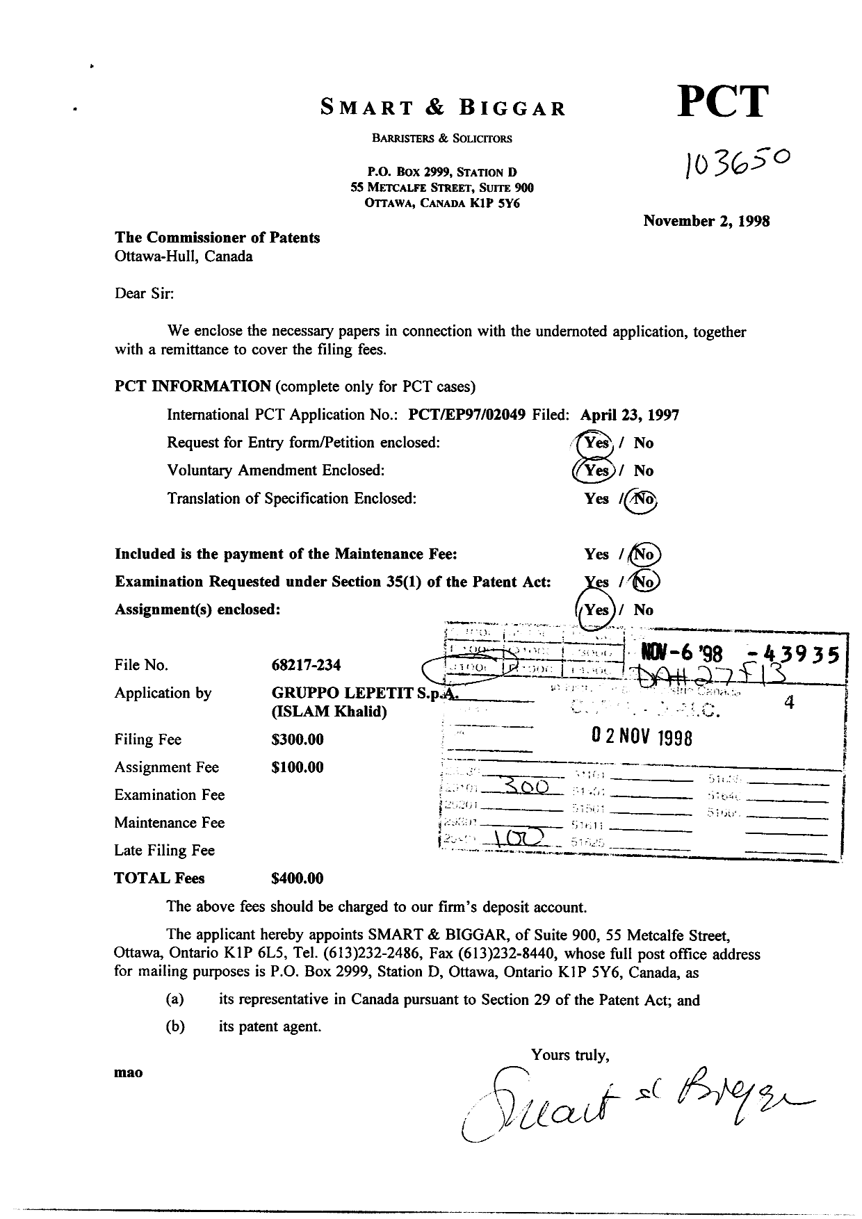 Document de brevet canadien 2253635. Cession 19981102. Image 1 de 3