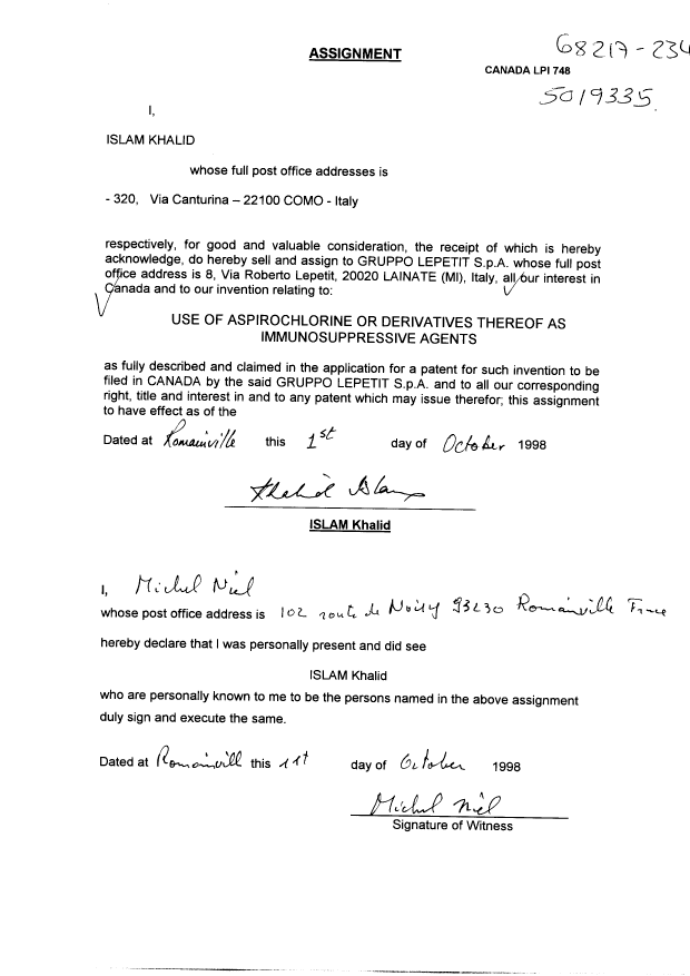 Document de brevet canadien 2253635. Cession 19981102. Image 3 de 3