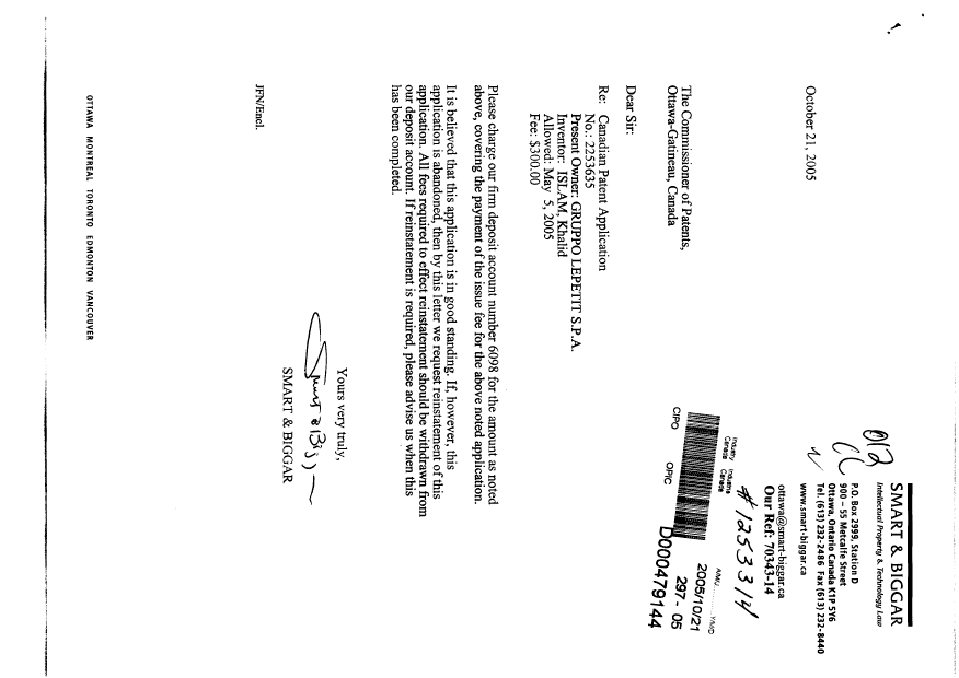 Document de brevet canadien 2253635. Correspondance 20051021. Image 1 de 1