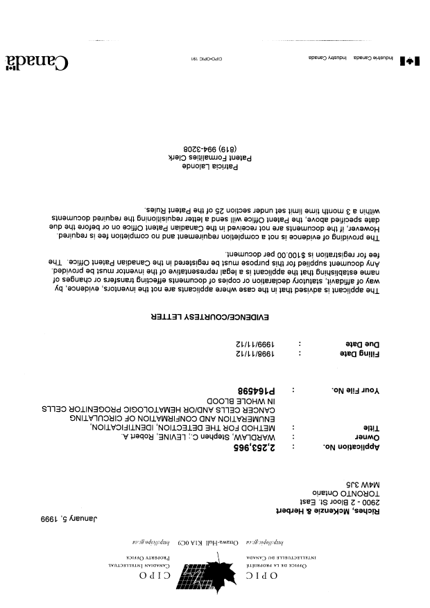 Canadian Patent Document 2253965. Correspondence 19990105. Image 1 of 1