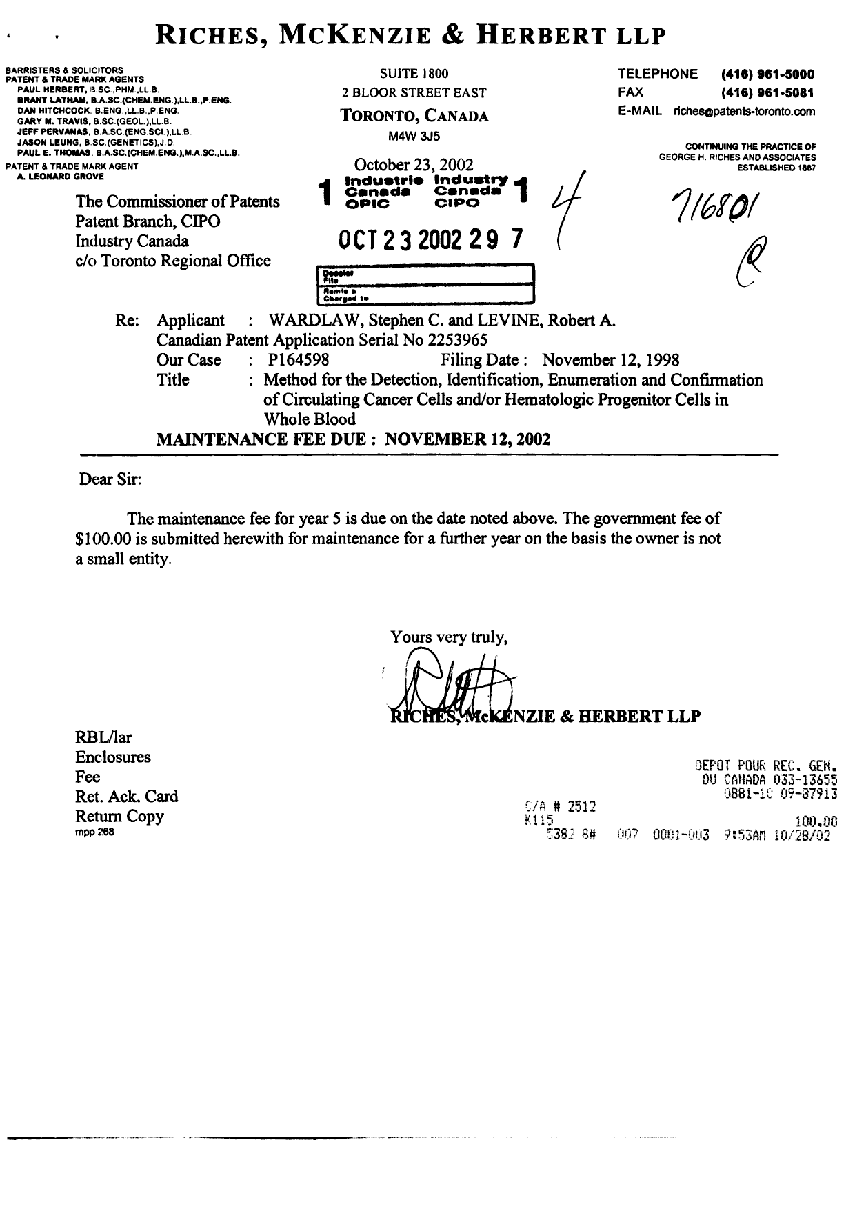 Document de brevet canadien 2253965. Taxes 20021023. Image 1 de 1