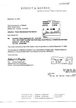 Document de brevet canadien 2254695. Correspondance 20001213. Image 1 de 2