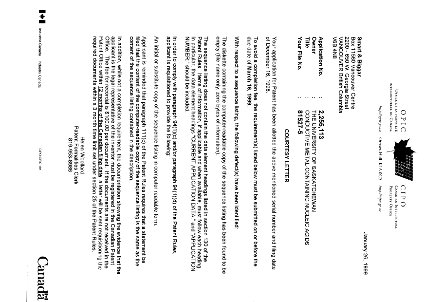 Document de brevet canadien 2255113. Correspondance 19990126. Image 1 de 1