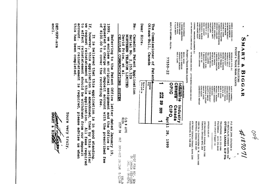 Document de brevet canadien 2255529. Cession 19990429. Image 1 de 4