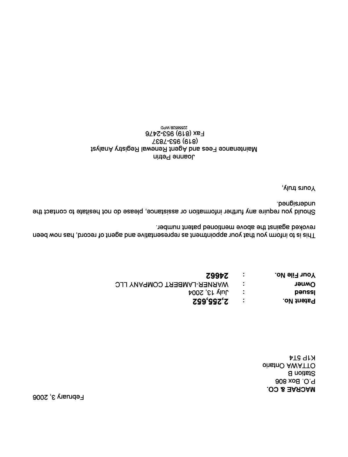 Canadian Patent Document 2255652. Correspondence 20051203. Image 1 of 1