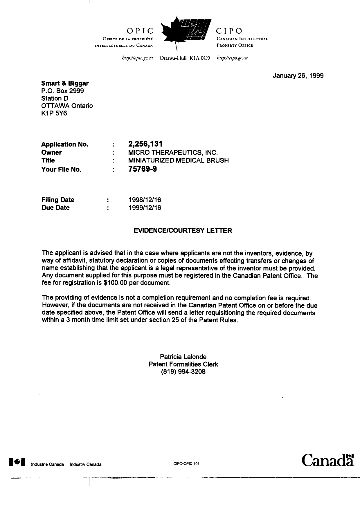 Document de brevet canadien 2256131. Correspondance 19990126. Image 1 de 1