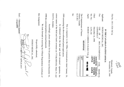 Canadian Patent Document 2256142. Correspondence 19991124. Image 1 of 2
