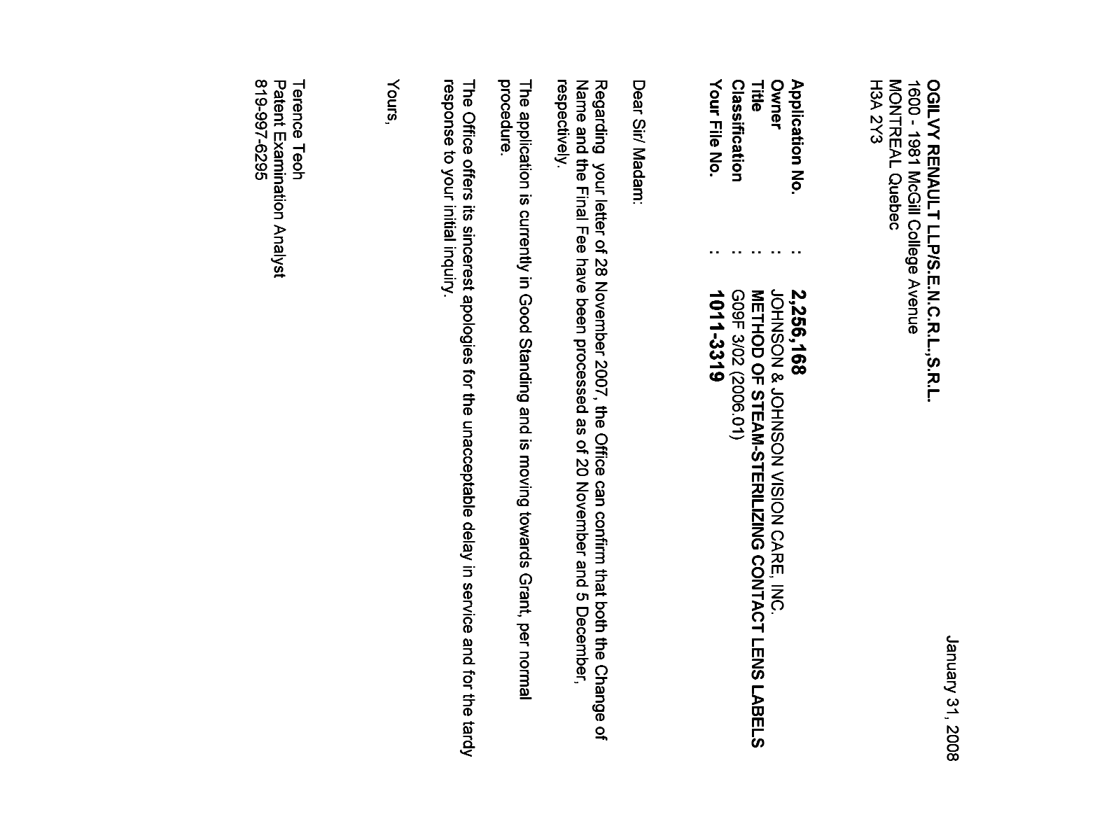 Canadian Patent Document 2256168. Correspondence 20080131. Image 1 of 1