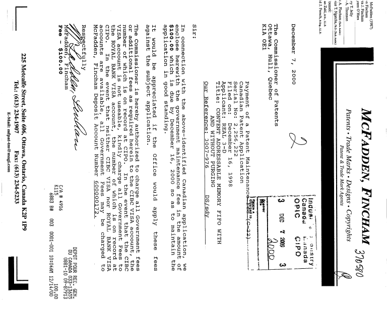Canadian Patent Document 2256222. Fees 20001207. Image 1 of 1