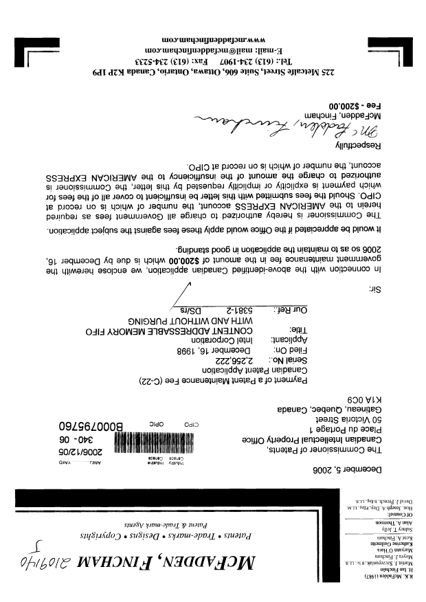 Canadian Patent Document 2256222. Fees 20061205. Image 1 of 1
