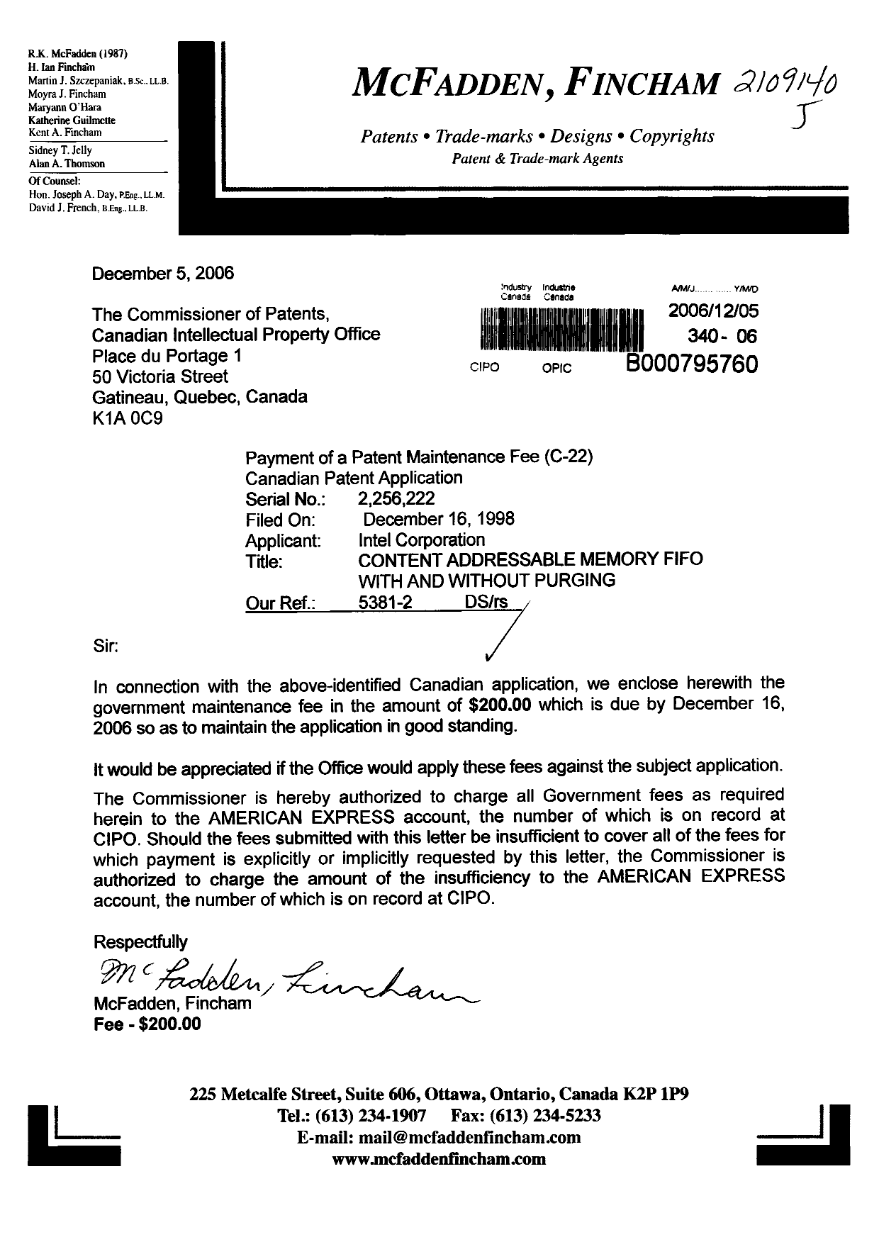 Document de brevet canadien 2256222. Taxes 20061205. Image 1 de 1