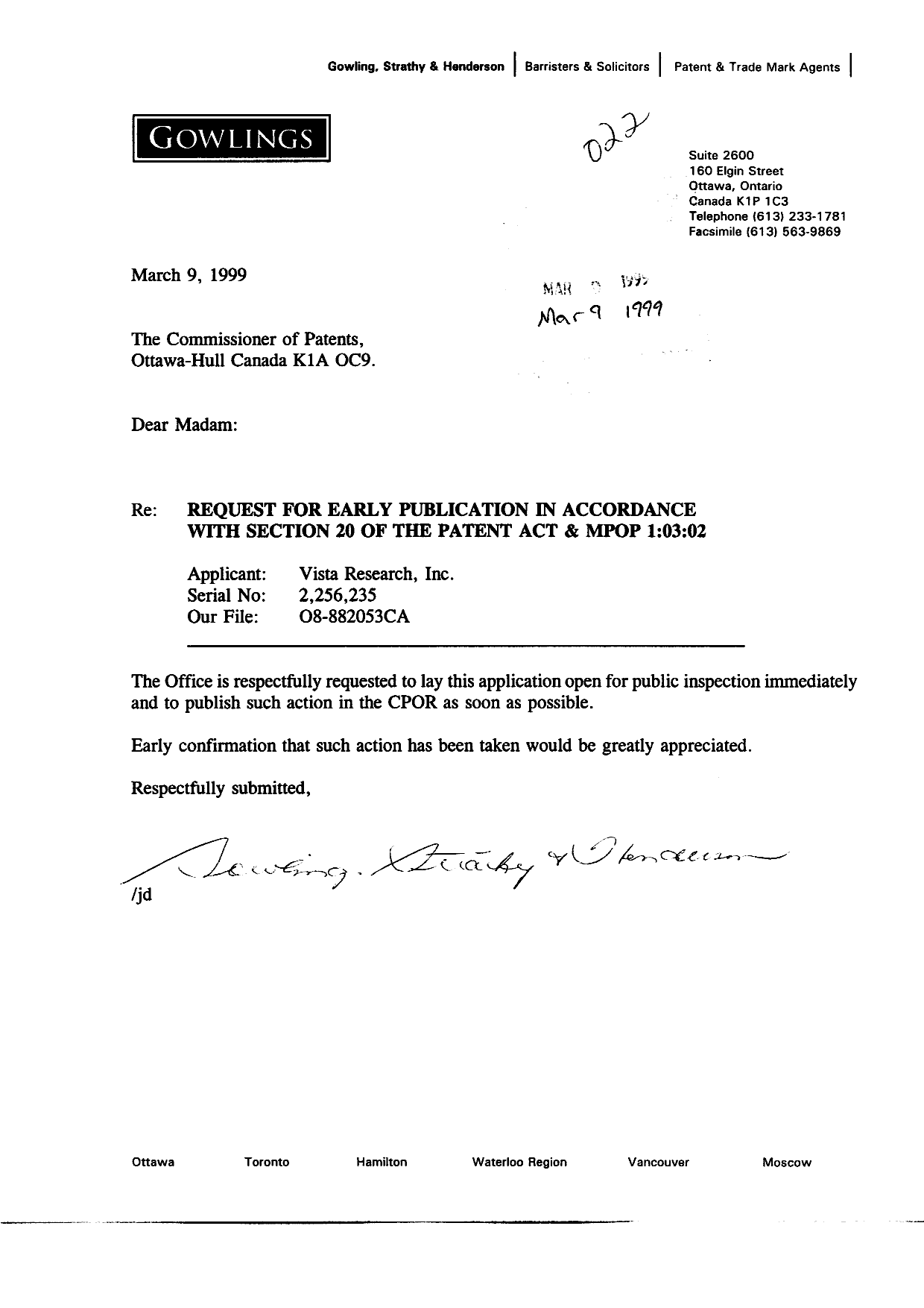 Canadian Patent Document 2256235. Correspondence 19990309. Image 2 of 2