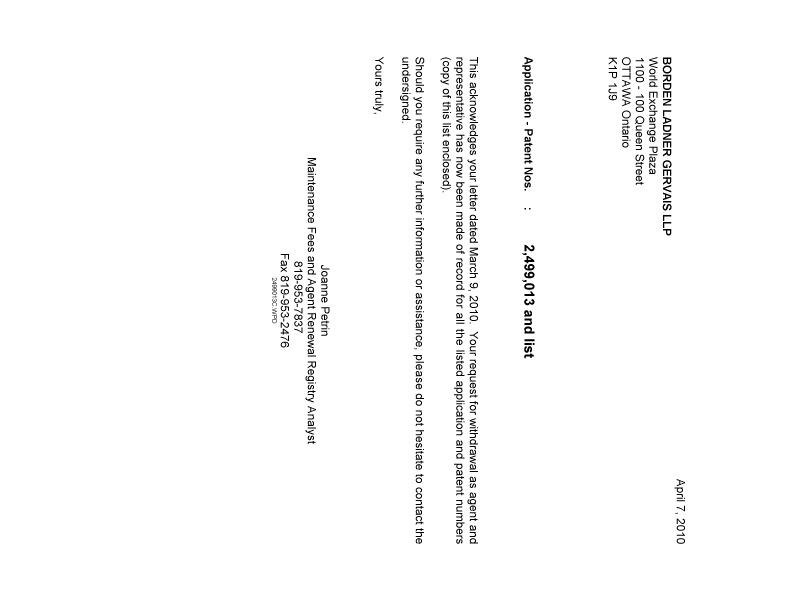 Document de brevet canadien 2256248. Correspondance 20100407. Image 1 de 1
