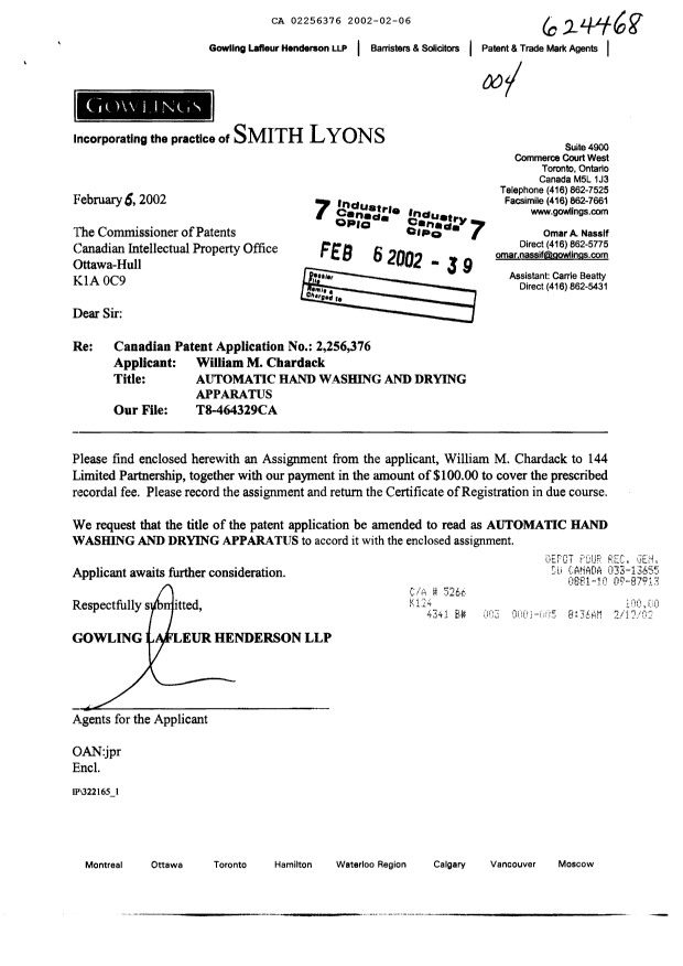 Document de brevet canadien 2256376. Cession 20020206. Image 1 de 5