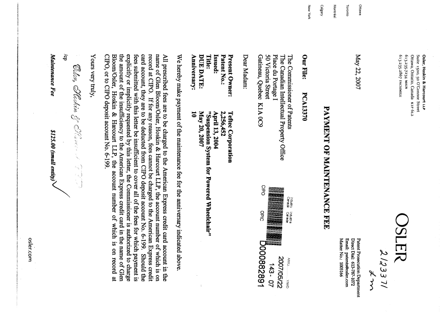 Document de brevet canadien 2256452. Taxes 20070522. Image 1 de 1