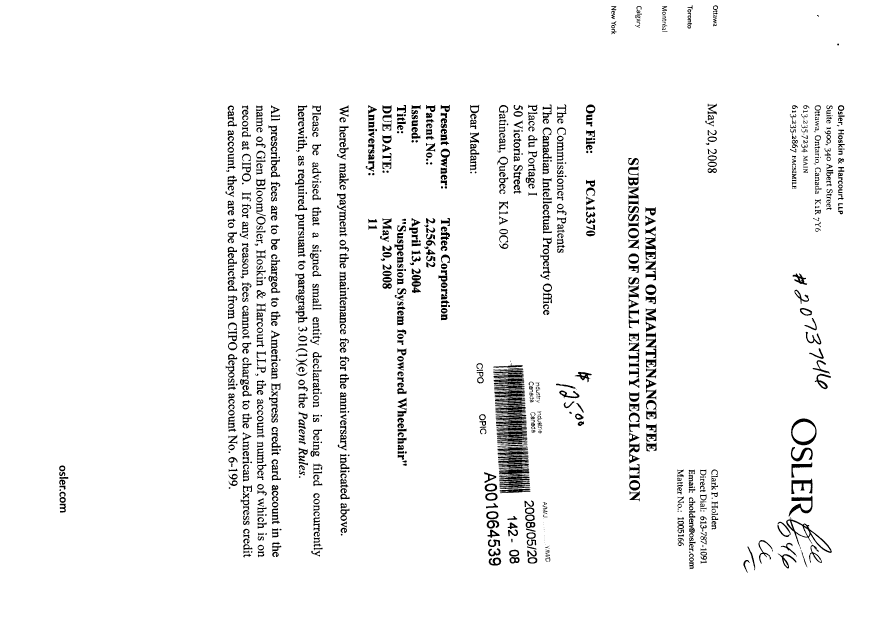 Document de brevet canadien 2256452. Taxes 20080520. Image 1 de 3