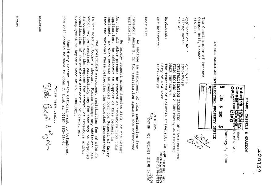 Canadian Patent Document 2256699. Assignment 20000105. Image 1 of 6
